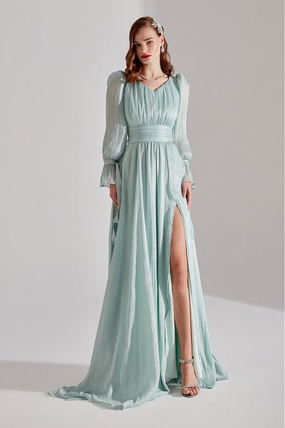 BETTY & SAM Aqua Green V-Neck Slit ANIKA Evening Dress