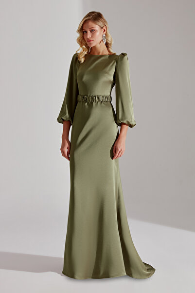 BETTY & SAM Komet HAKİ Balon Kol Uzun Kuyruklu Abiye Elbise