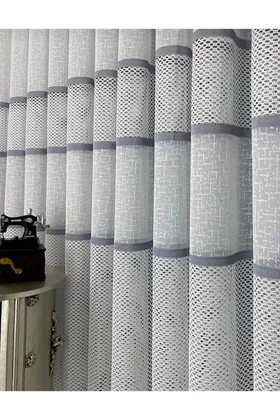 LUNETT HOME READY TO USE GRAY STRIPED SCONCE KNITTED THIGHT PLEATED 1X3 TULLE CURTAIN
