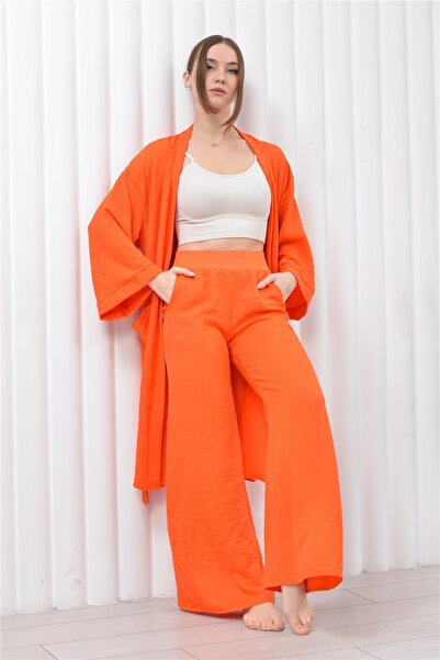 Nuseel طقم كيمونو طويل وبنطلون بحزام كتان برتقالي