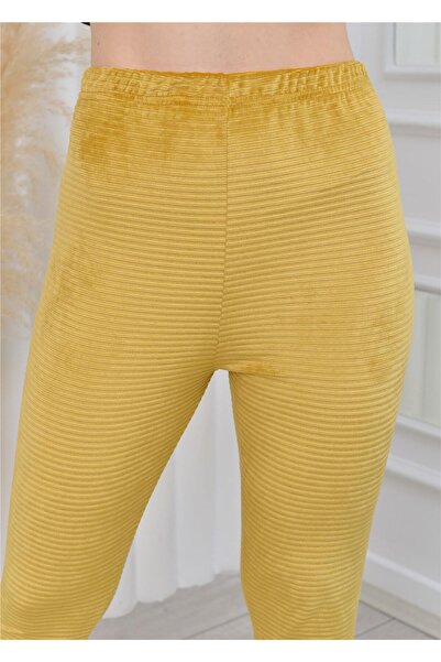 Nuseel Yeni Sezon Fitilli Kadife Tayt Hardal Rengi