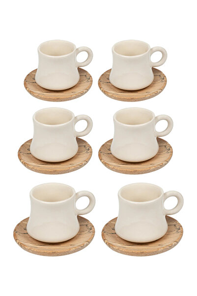 Amentes Ahşap Tabaklı 6 Kişilik Kahve Takımı Bambu Fincan Takımı Seramikfincan Türk Kahvesi Fincan Seti