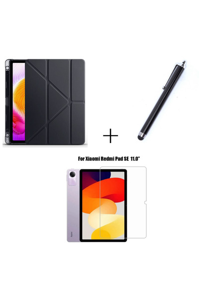 TEKNETSTORE Xiaomi Redmi Pad SE Uyumlu Kalem Bölmeli Standlı Kılıf + Ekran Koruyucu + Kalem 3'lü Set