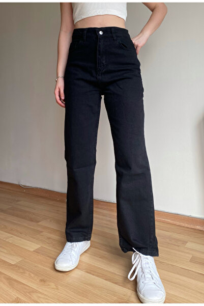 Butik Kadın Yüksek Bel Düz Siyah Yıkamalı Bol Geniş Paça Cepli Jeans Kot Pant...