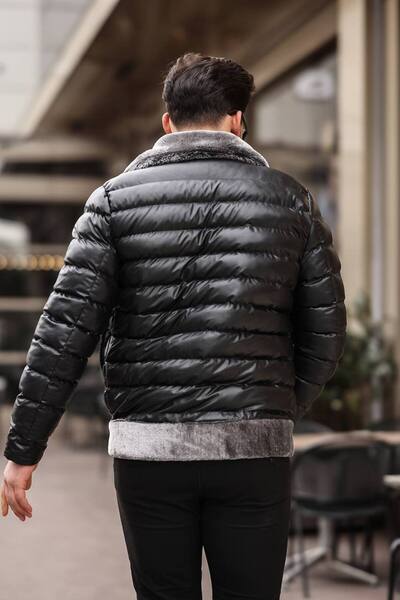 Oliggopol Men's Black Fur Detailed LFN Puffer Leather Coat