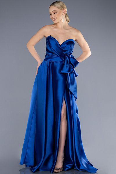Abiyefon Saks Blue Strapless Satin Evening Dress - Leg Low Cut, Long Dress ABU3674