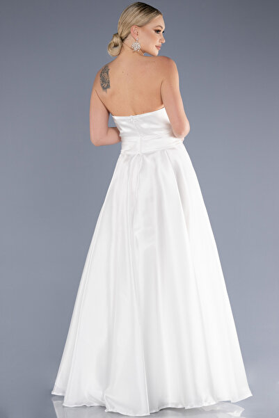 Abiyefon Ekru Straplez Bacak Dekolteli Uzun Saten Abiye Elbise ABU3674