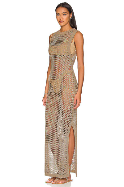 AQE FASHION Γυναικείο λουράκι με σχοινί με λαιμόκοψη, αμάνικο διχτυωτό σχίσιμο, χαμηλού κοψίματος, μακρύ φόρεμα παραλίας Camel