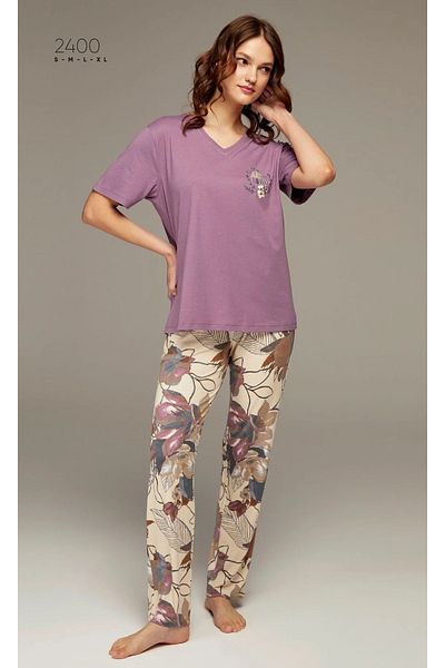 PİJAPİA Plum Colored Crew Neck Short Sleeve Viscose Women's Pajama Set
