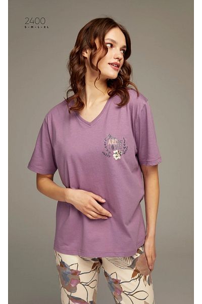 PİJAPİA Plum Colored Crew Neck Short Sleeve Viscose Women's Pajama Set