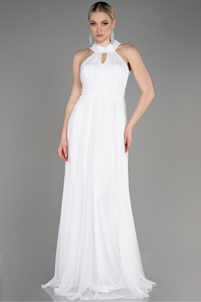 Abiyefon Ekru Halter Yaka Uzun Abiye Elbise ABU3252