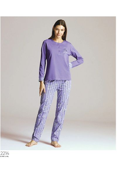 PİJAPİA Purple Color Women's Long Sleeve Crew Neck Pajama Set