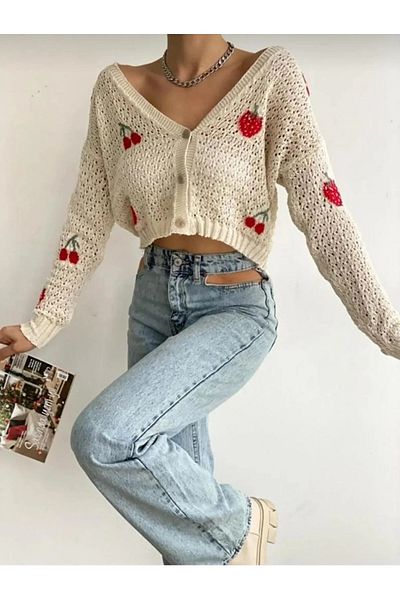 manolyabutik Women's V-Neck 3 Button Long Sleeve Low Shoulder Loose Fit Oversize Thick Knit Short Crop Knitwear Cardigan