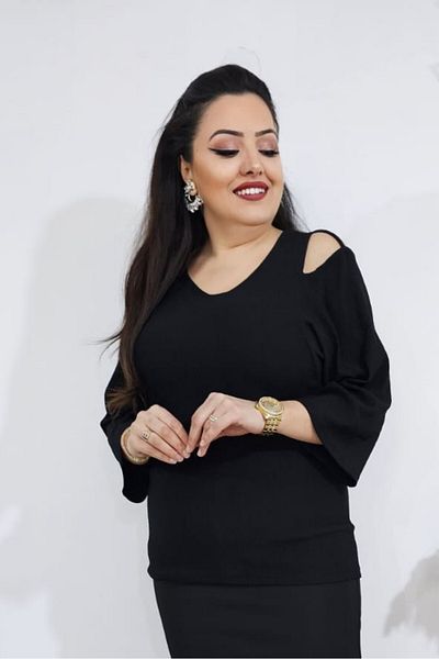sinemisxxl Lycra Wrinkled Shoulder Detail Black Blouse