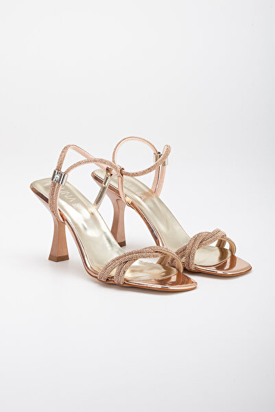 LİLLA Women's Heeled Rhinestone Evening Dress Shoes Copper Color