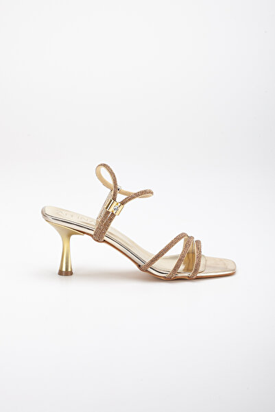 LİLLA Women's Thin Heeled Rhinestoned Evening Dress Shoes Gold Color