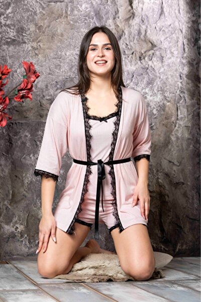 Temporium Γυναικείο σετ πιτζάμες με λουράκι με δαντέλα 3 τεμαχίων με σορτς