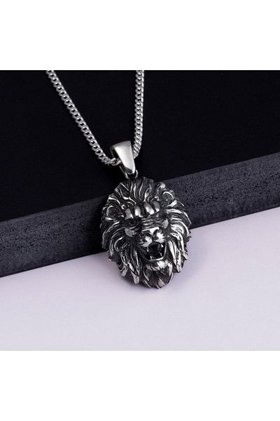 Gümüş Pazarım Lion Head Men's Silver Necklace