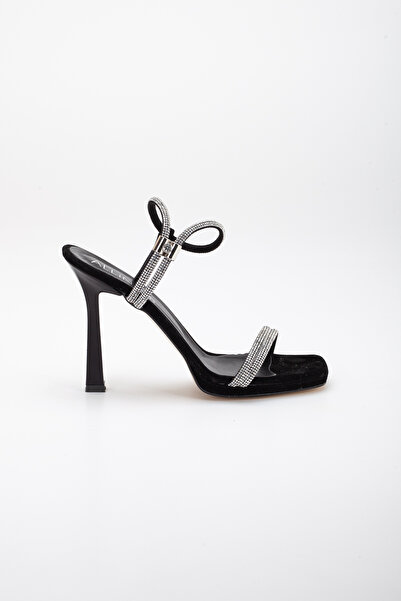 LİLLA Women's High Thin Heeled Square Toe Jewelled Black Suede Evening Dress Shoes