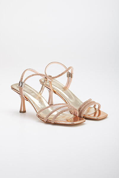 LİLLA Women's Thin Heeled Rhinestone Evening Dress Shoes Copper Color