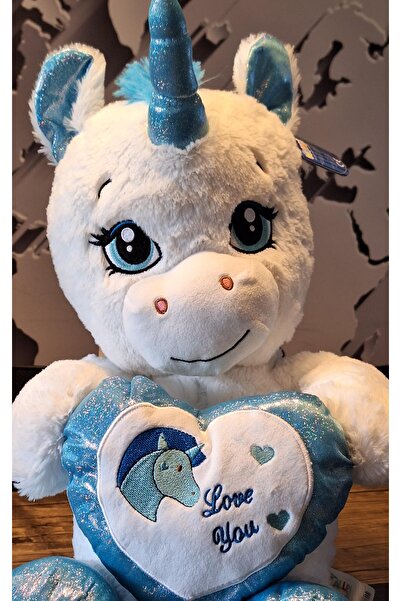 Genel Markalar Kalpli Boynuzlu Beyaz Mavi Peluş At 60cM