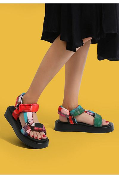 Dogo Sandale vegane multicolore cu talpă groasă pentru femei - design cu iarbă și mare