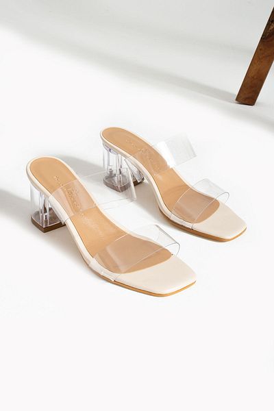 İnan Ayakkabı Women's Beige Transparent Tape and Heeled Shoes 6 Cm Heel