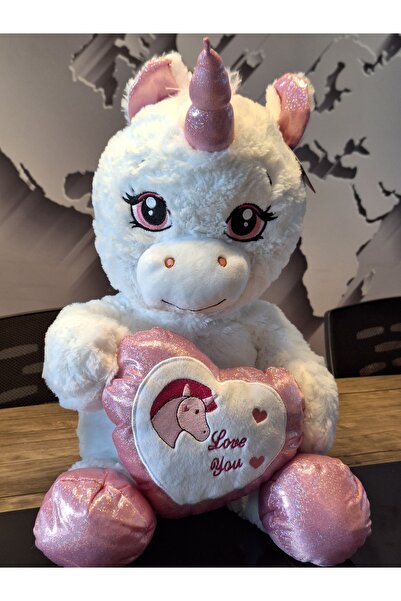 Halley Peluş Oyuncak Kalpli Boynuzlu Beyaz Pembe Peluş At 60cM