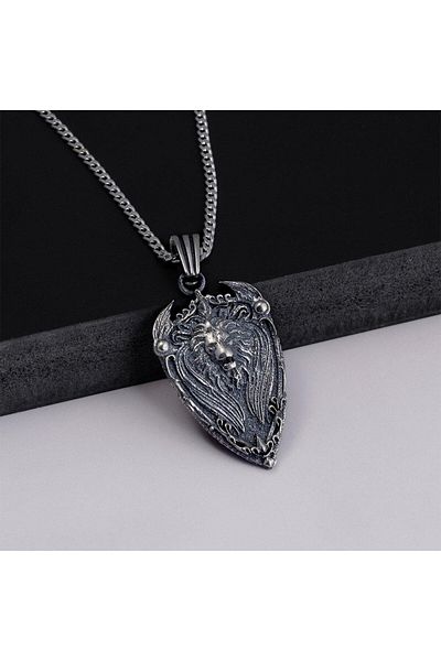 Gümüş Pazarım Shield Motif Lion Head Silver Men's Necklace