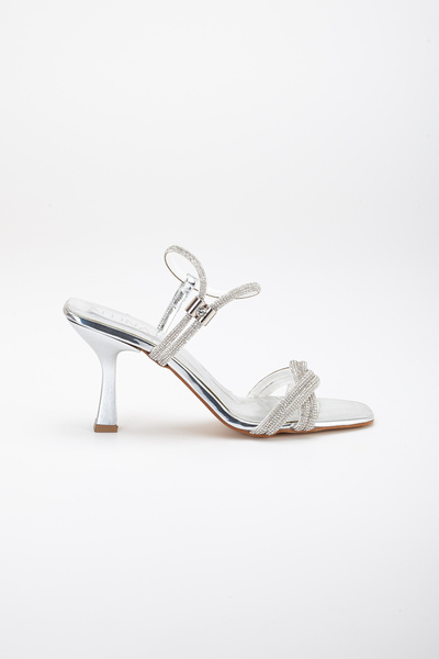 LİLLA Women's Heeled Rhinestone Evening Dress Shoes Silver Color