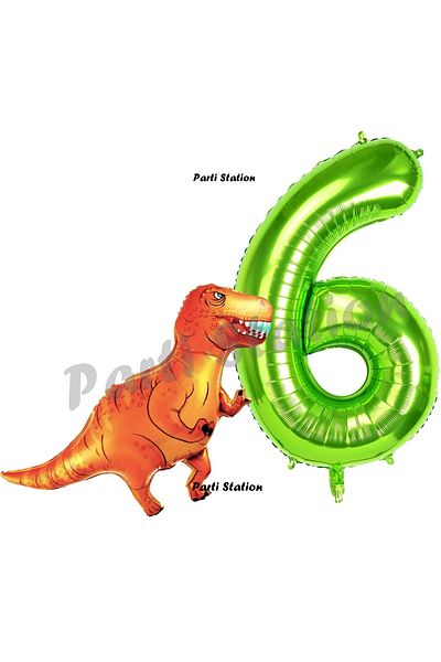 Parti Station Dinosaur Concept 6 Year Old Balloon Set Dinosaur T-Rex Balloon and Green Number Balloon Birthday Set