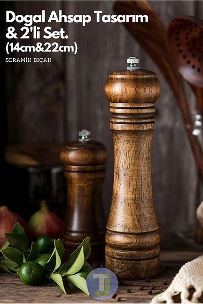 Technojet Set of 2 (14+22cm) Natural Wooden Black Pepper Salt Coffee Spice Grinder Mill Salt Shakers Pepper Shakers