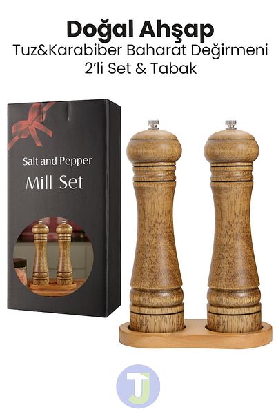 Technojet Set of 2 22 cm Plate Natural Wooden Black Pepper Salt Coffee Spice Grinder Mill Salt Pepper Shakers
