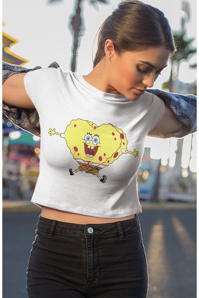 Fuddy Moda Heart Sponge Bob Printed Crop Top, Γυναικεία μπλούζα με στάμπα Sponge Bob
