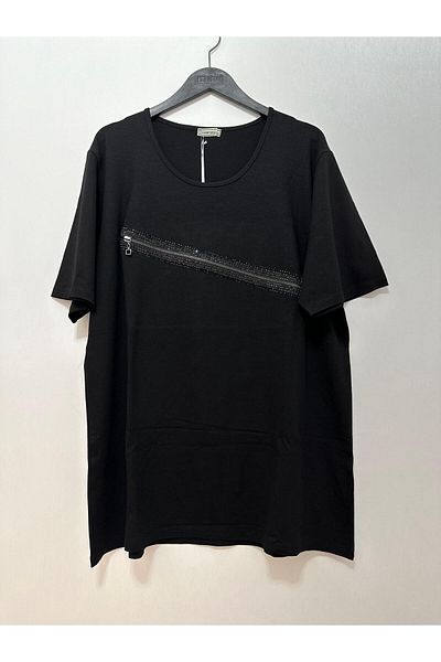 Desen Triko Crew Neck Zipper Detail Short Sleeve Combed Cotton Blouse