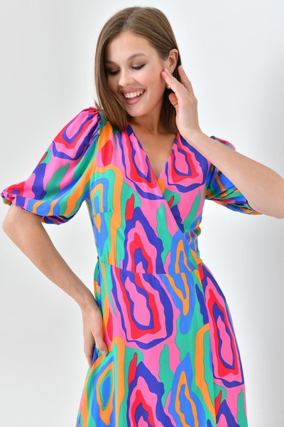 4S1B FASHION Еластична тканина з принтом, круазе комір, пояс на спині, шнурівка, антрактний крій, сукня середньої довжини 100