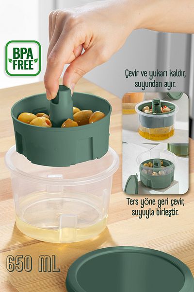 Vienev Presentation Olive Pickle Cheese Multi-Purpose Storage Container with Strainer Green