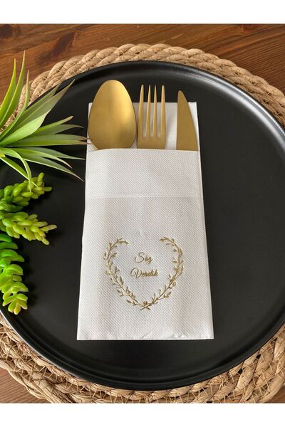 kidspartim Gold Yaldızlı Beyaz Söz Verdik Kalp Çelenk Cepli Peçete 12 lı 40x40
