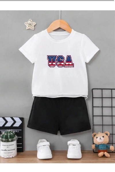 FRİENDS KİDS Erkek/Kız  Çocuk ''Usa'' Baskılı Tişört-Şort Takımı