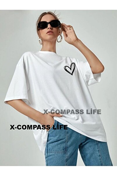 x-compass life ثورت نسائي واسع القطع من القطن مطبوع عليه قلب صغير