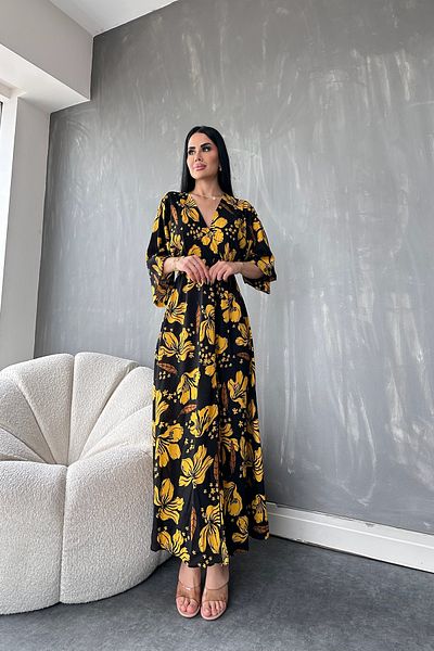 kamacibutik Rochie de vară cu guler dublu cu mânecă liliac, cu model de flori, cu talie elastică