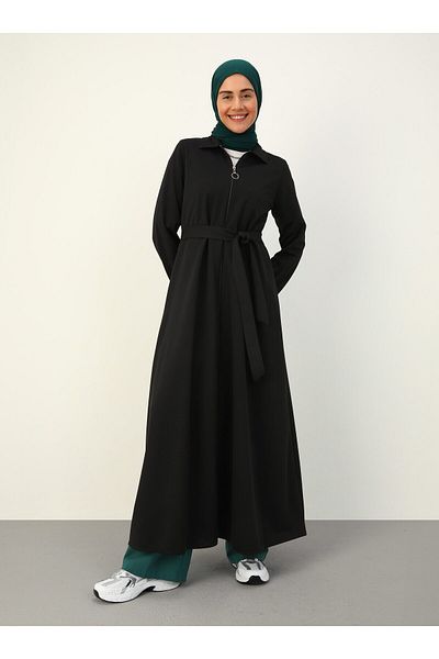 Benin Zipper Detailed Stylish Belted Coat / Top Coat - Black - Benin