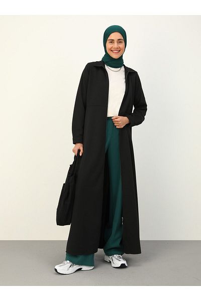 Benin Zipper Detailed Stylish Belted Coat / Top Coat - Black - Benin