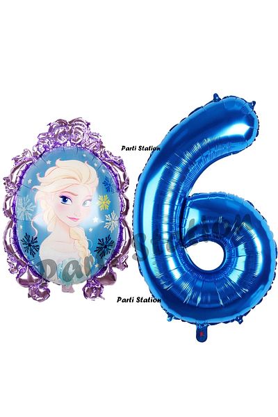 Parti Station Frozen Balloon 6 Year Old Birthday Set Frozen Elsa Concept Balloon and Navy Blue Number Balloon Birthday Set
