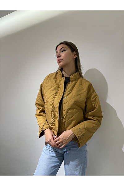 PALMERO Kadın Hardal Sarı Crop Kapitone Mevsimlik Mont