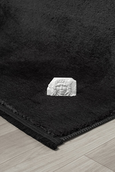 LİNOS HOME Puffy Siyah Saçaklı Peluş Halı Yumuşacık Yıkanabilir Kaymaz Taban Halı Salon Oturma Odası Koridor