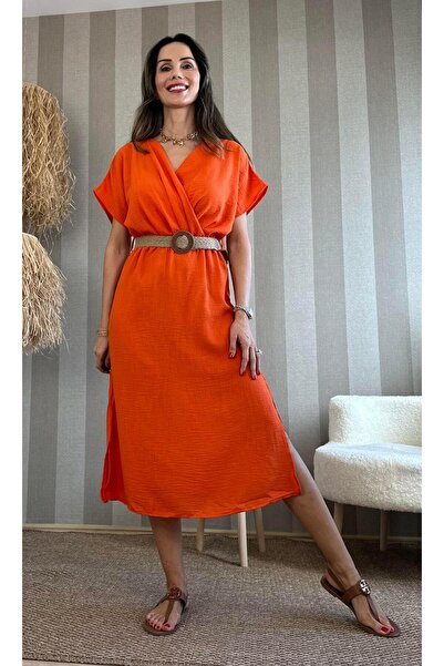 Atelier Derin Narandžasta haljina od slamčice Kaiš komada Lan