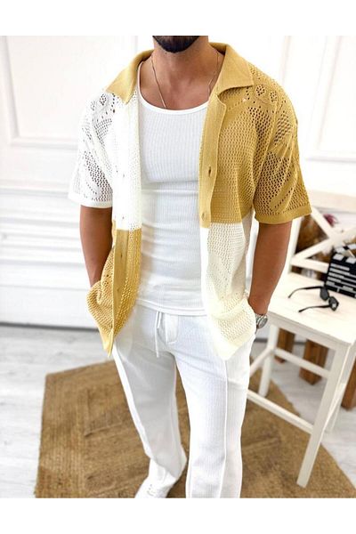 elkumoda Πουκάμισο Oversize Βαμβακερό ύφασμα κατά του ιδρώτα Διχτυωτό ιταλικό γιακά κοντομάνικο πουκάμισο