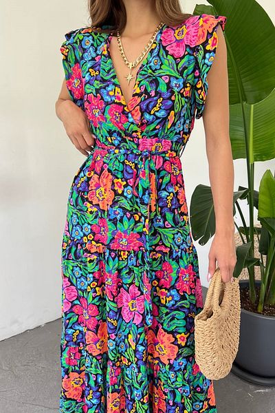 WOMAN VISION Women's Floral Print Double Breasted Collar Elastic Waist Design Summer Sleeveless Colorful Maxi Dress 10690