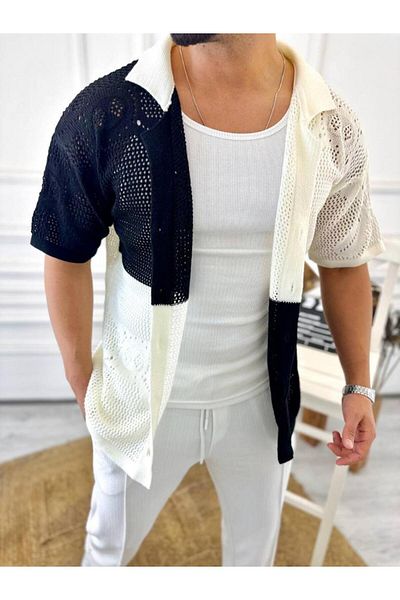 elkumoda Πουκάμισο Oversize Βαμβακερό ύφασμα κατά του ιδρώτα Διχτυωτό ιταλικό γιακά κοντομάνικο πουκάμισο